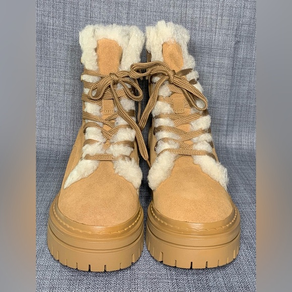 Sam Edelman Kyler 2 Caramel Suede Faux Shearling Combat Boots - Picture 3 of 7